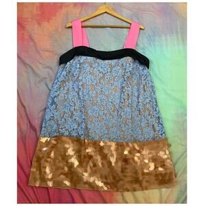 NWT Anthropologie Square Neck Blue Lace Sequin Mini Shift Dress Mod Sz XL Party